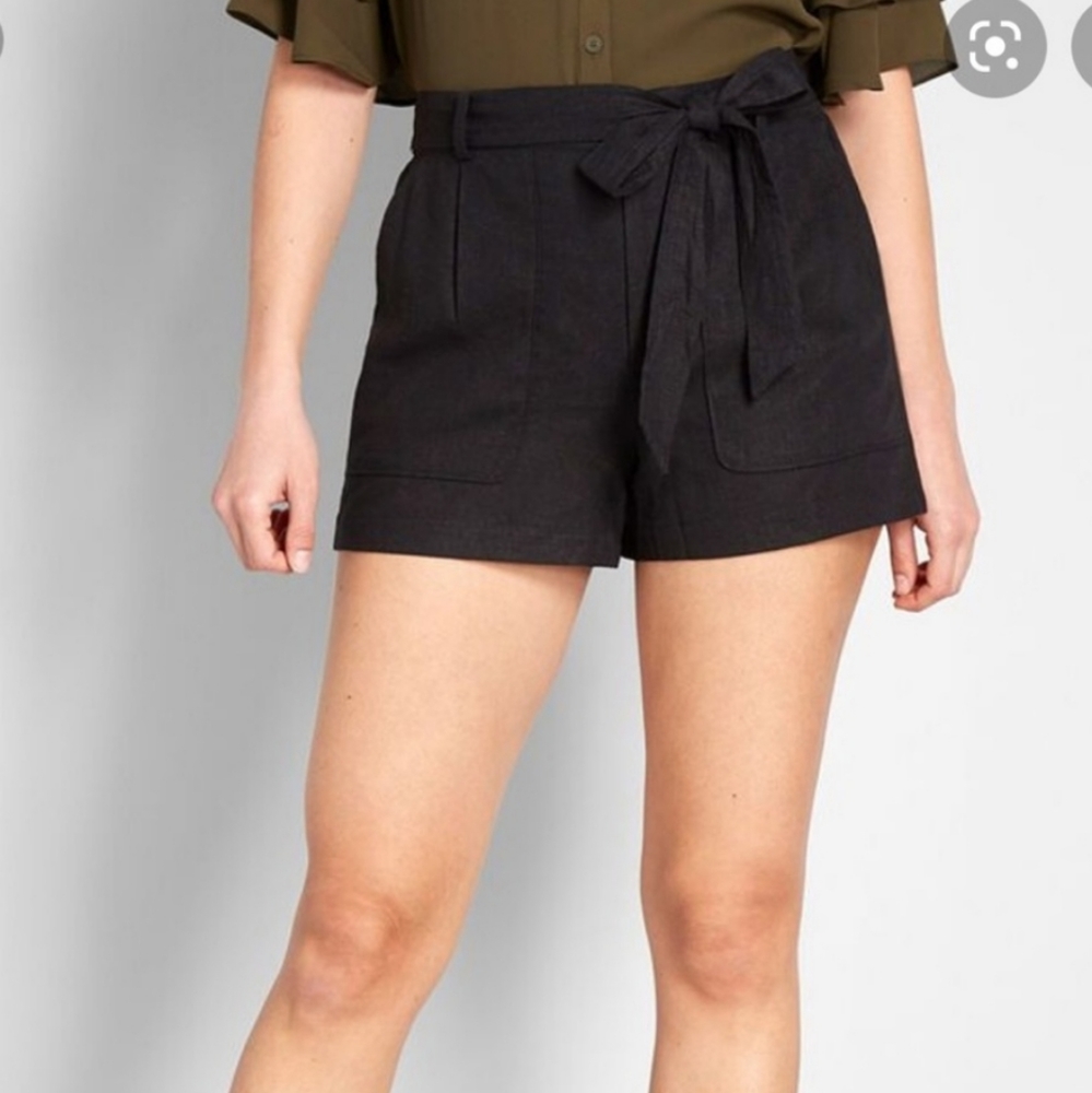 Modcloth Linen Black Shorts Belt Bow Button Pockets S